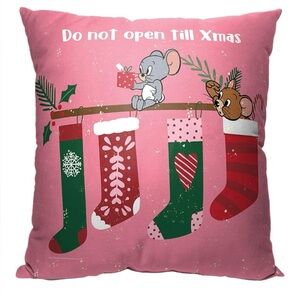 Northwest Tom & Jerry Pillow, 18" x 18", Don’t Open Till Xmas, Pink, NEW